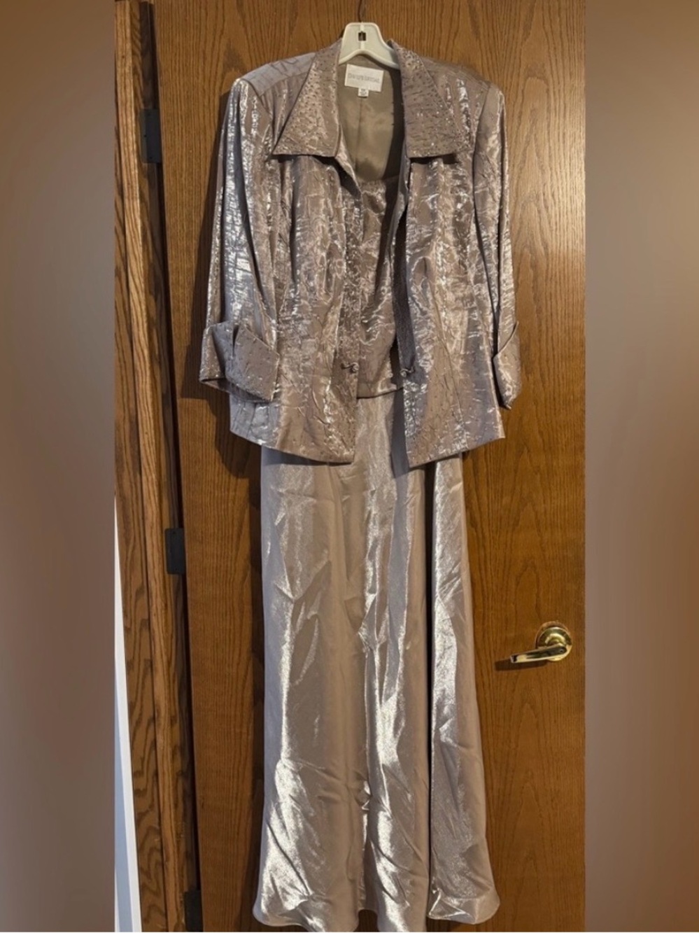 Shimmery Formal Taupe Two-Piece Evening Jacket & Gown Set